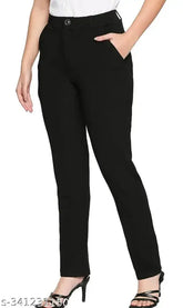 Black Lycra stretchable formal trousers for women, elastic pocket design